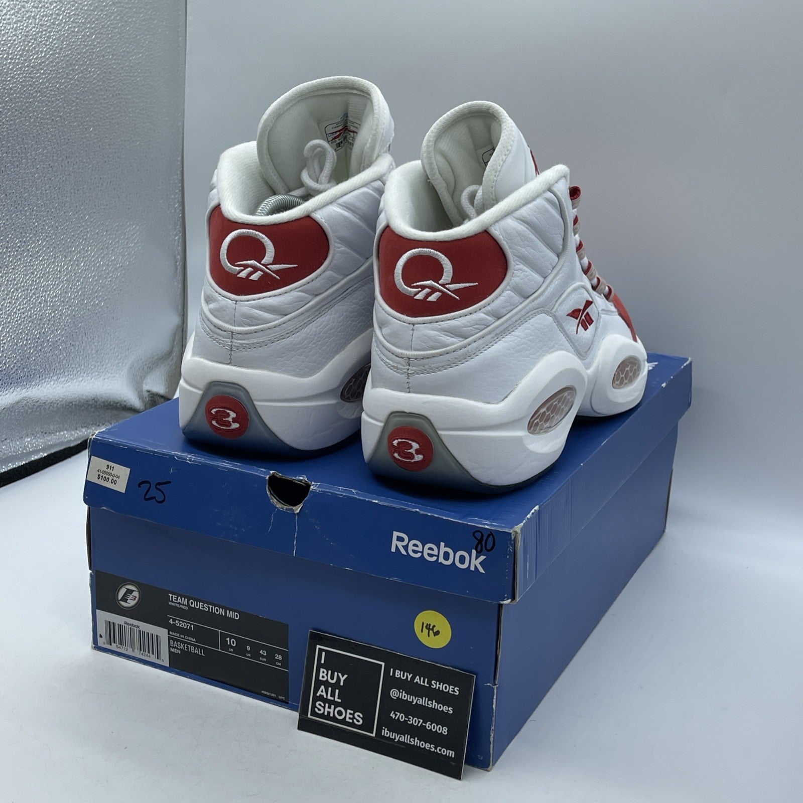 Size 10 - Reebok Question Mid White Red Leather Suede (4-52071)