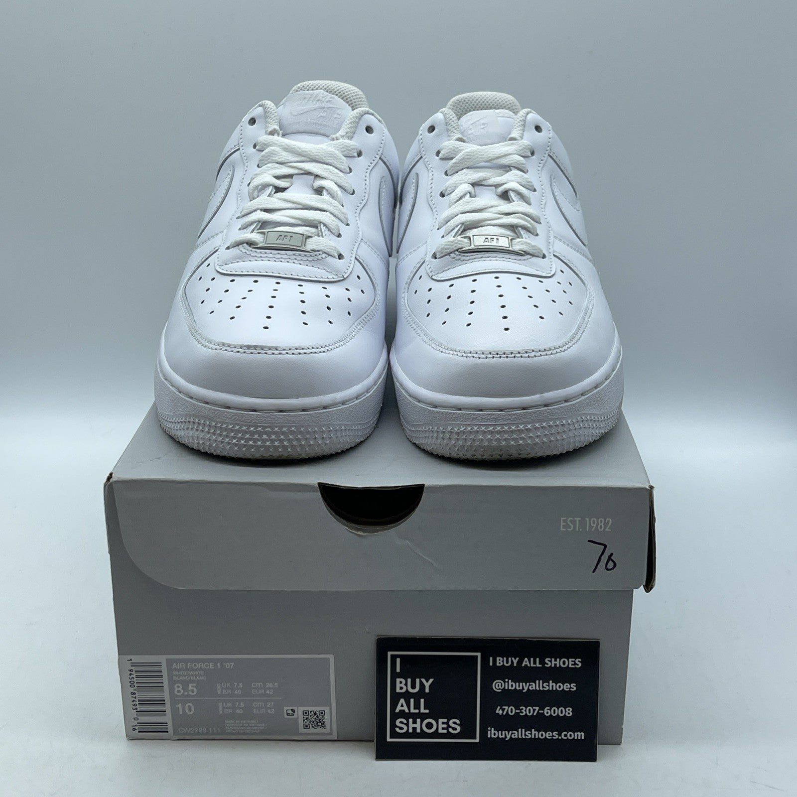 Size 8.5 - Nike Air Force 1 '07 Low Triple White Leather (CW2288-111)