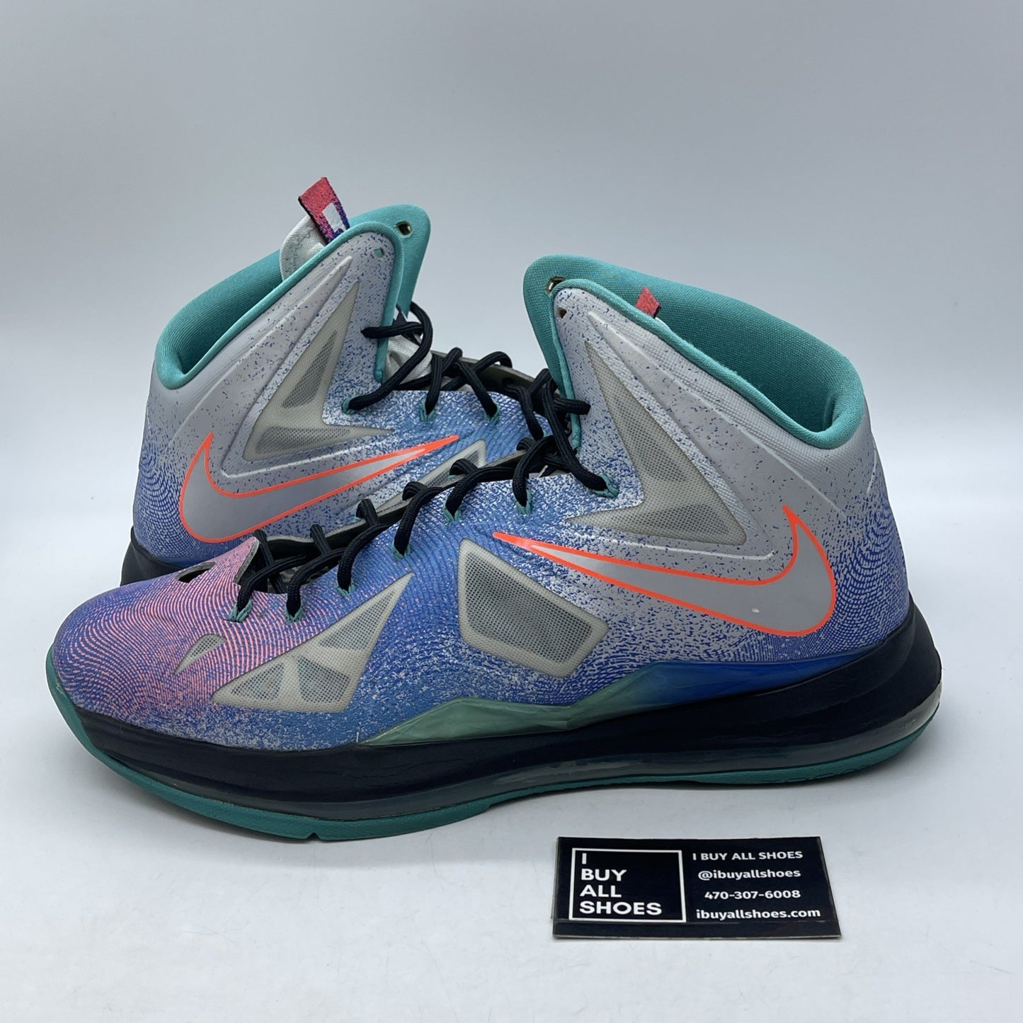 Size 14 - Nike LeBron 10 Pure Platinum Grey Black Blue Leather (541100-008)
