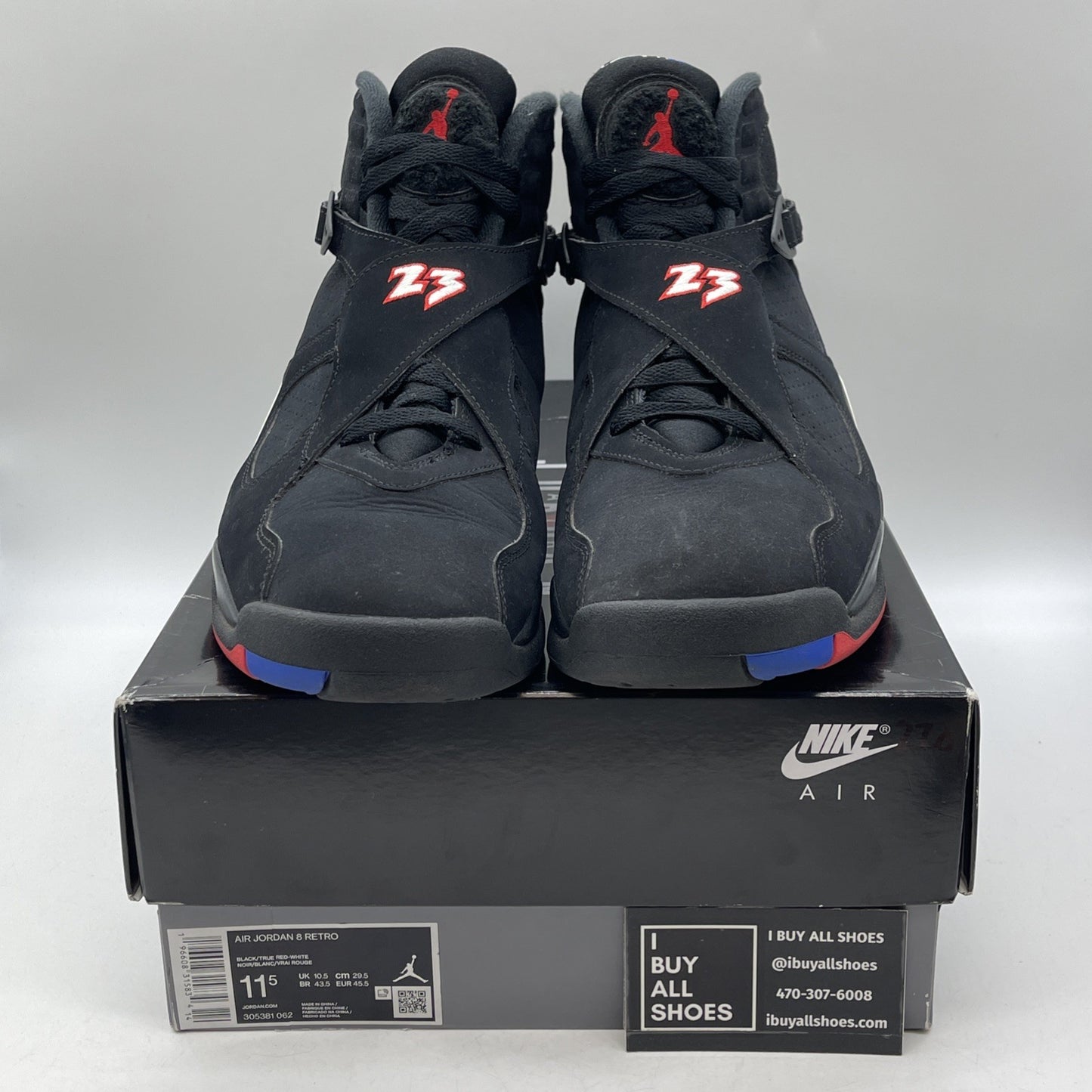 Size 11.5 - Jordan 8 Retro Mid Playoff Black White Red Suede (305381-062)