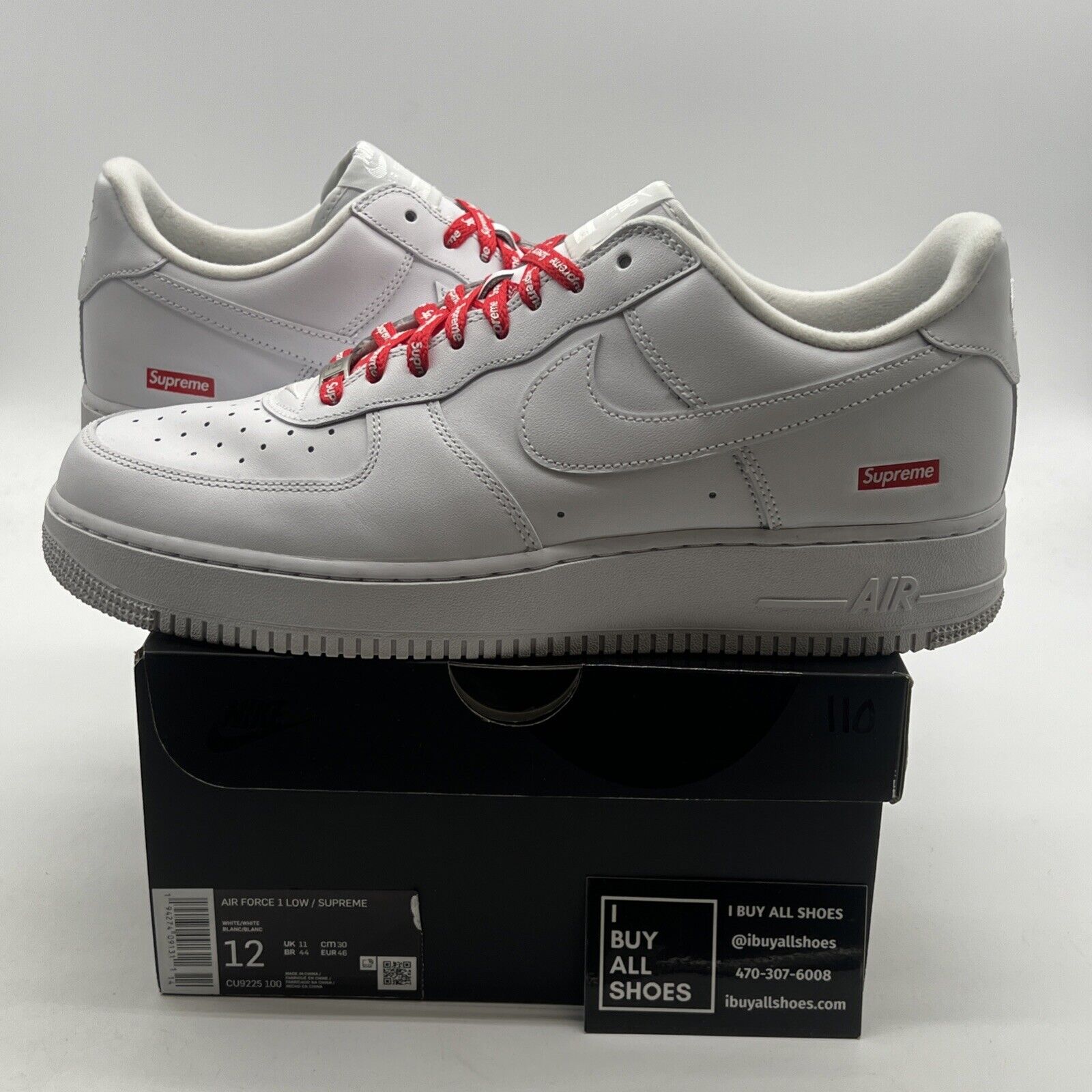 Size 12 - Nike Air Force 1 x Supreme Low Box Logo - White (CU9225-100)