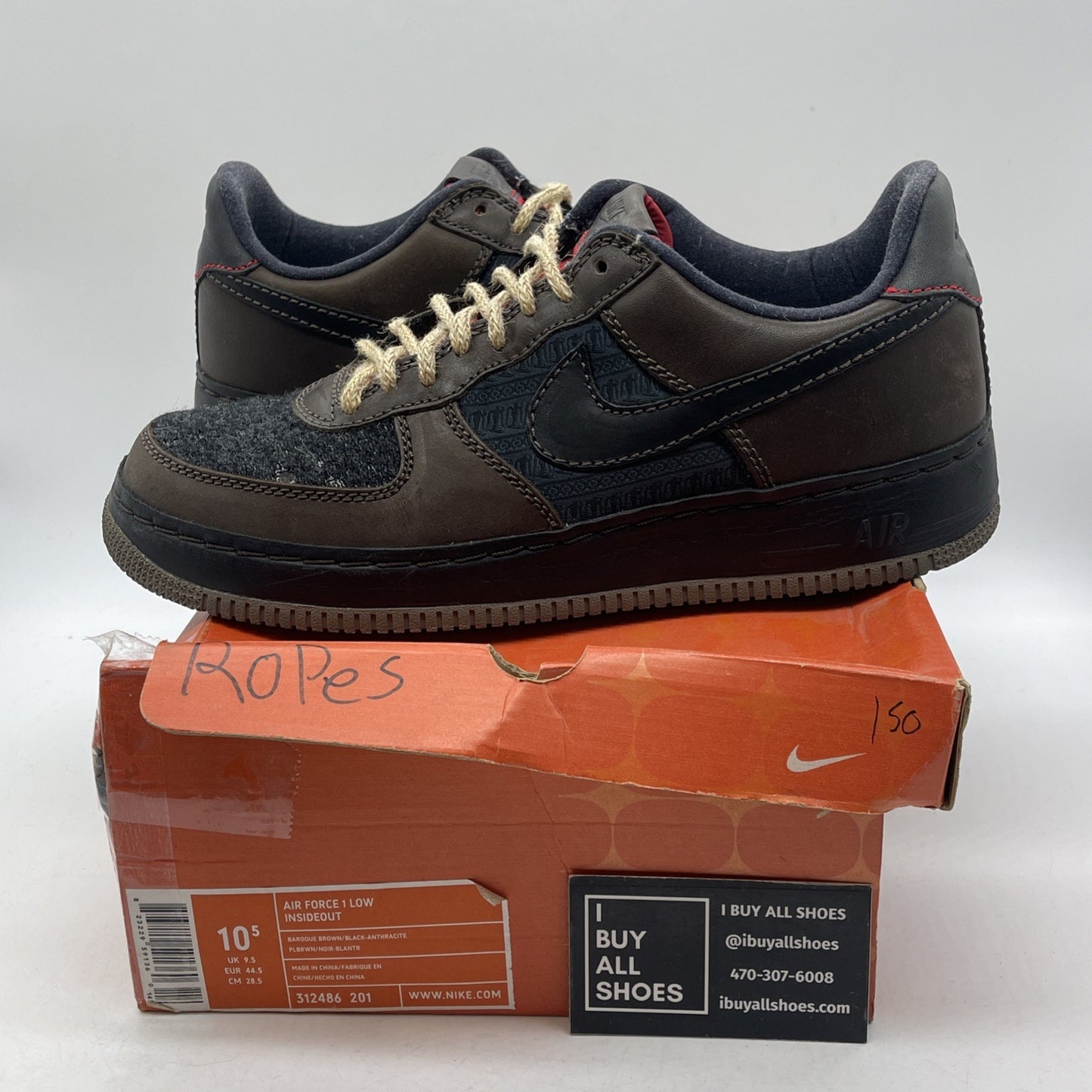 Size 10.5 - Nike Air Force 1 Inside Out Low Baroque Brown Black (312486-201)