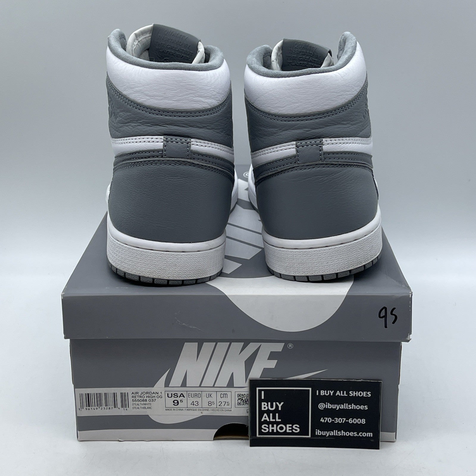 Size 9.5 - Jordan 1 Retro High OG Stealth Grey White Leather (555088-037)