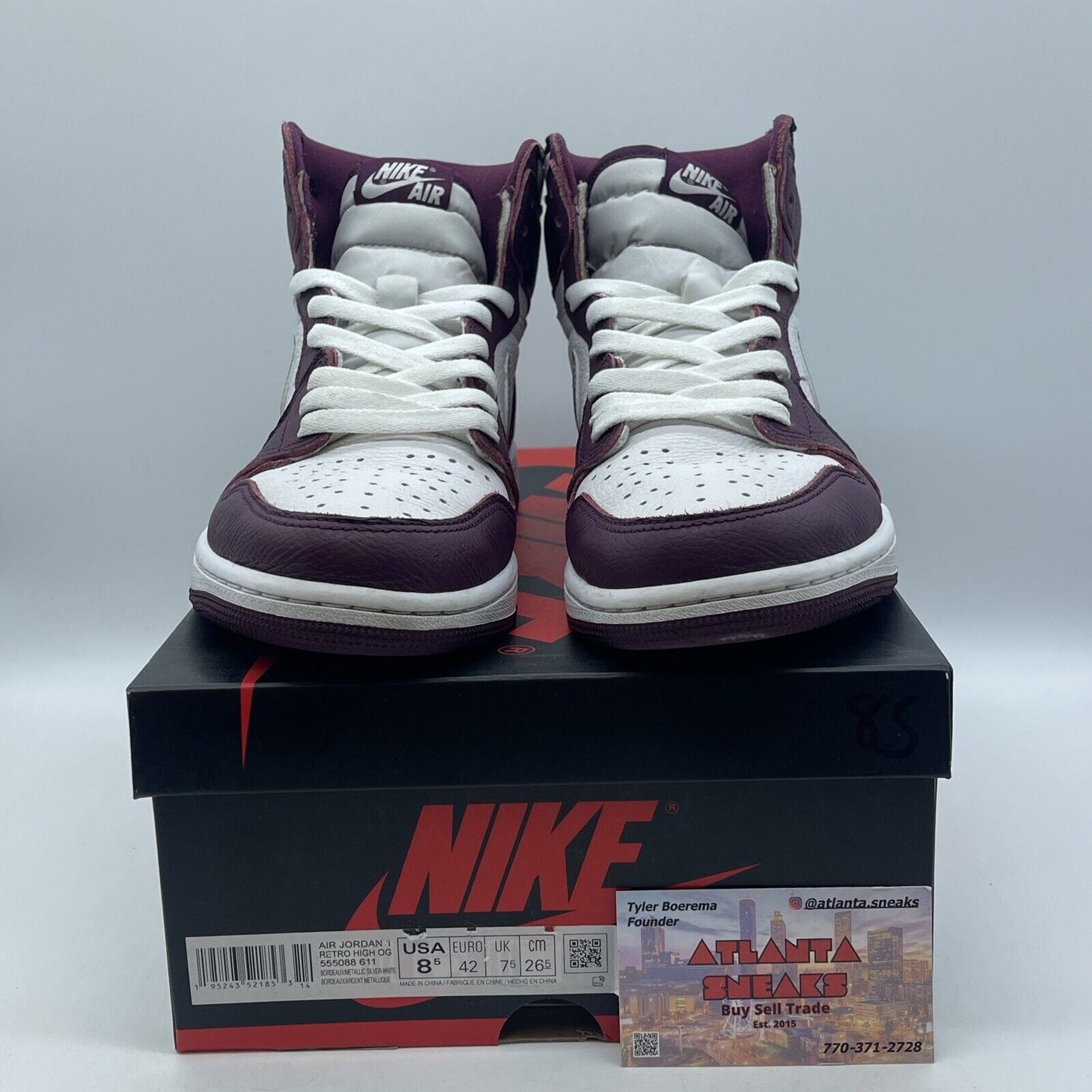 Size 8.5 - Jordan 1 Retro High OG Bordeaux White Silver Leather (555088-611)