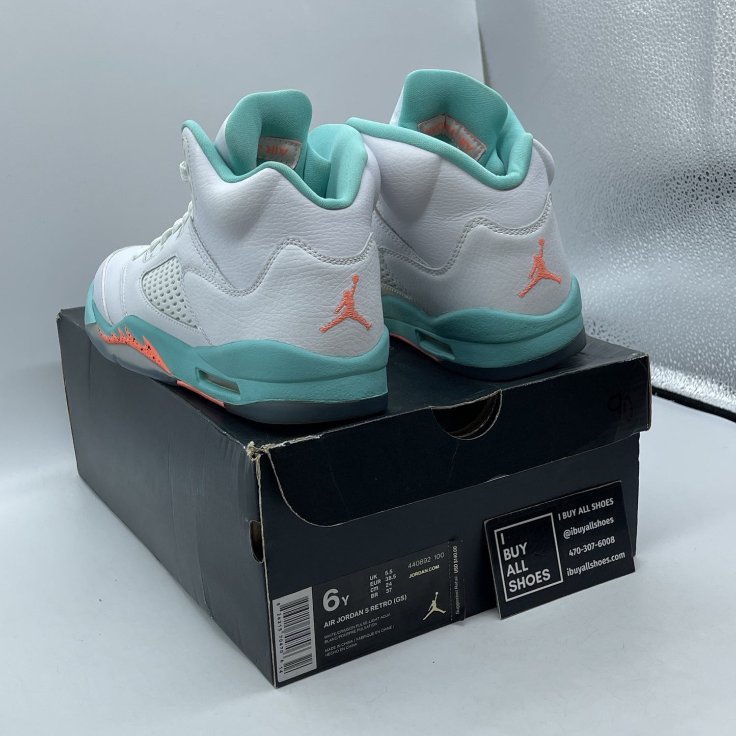 Size 6Y (GS) - Jordan 5 Retro Mid Light Aqua White Leather (440892-100)