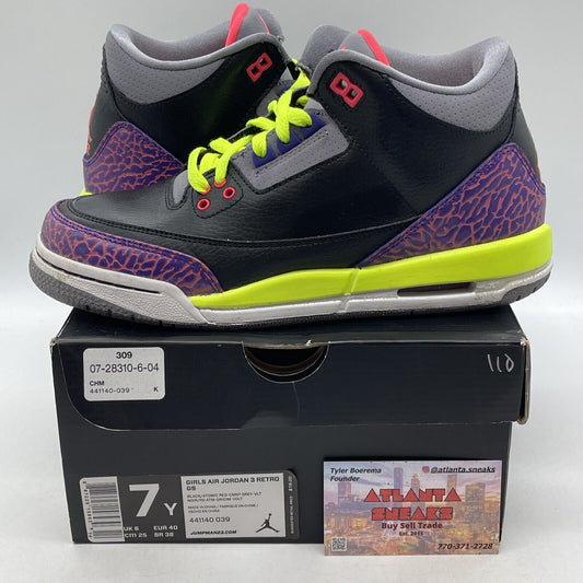 Size 7Y (GS) - Jordan 3 Retro Mid Black Atomic Red Pink Leather (441140-039)