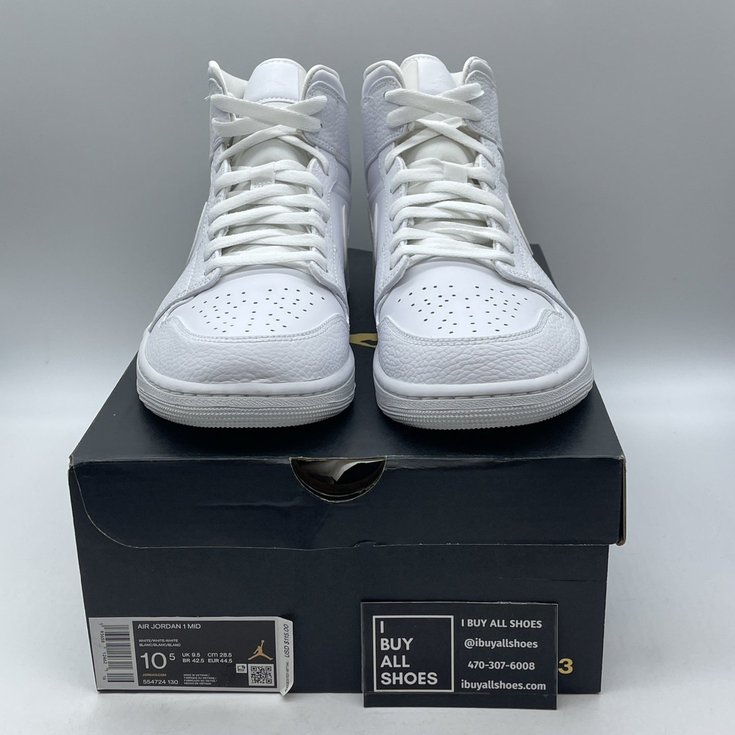 Size 10.5 - Air Jordan 1 Mid Triple White Leather (554724-130)