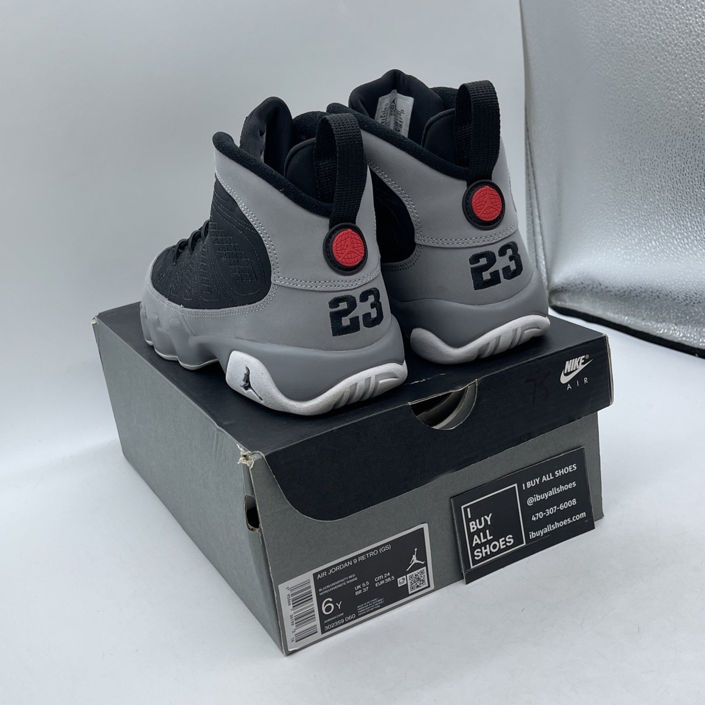 Size 6Y - Jordan 9 Retro Particle Gray 2022 Suede Red Black (302359-060)