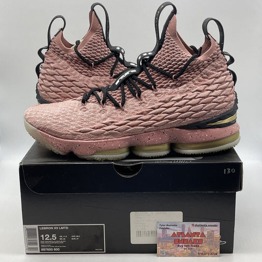 Size 12.5 - Nike LeBron 15 Hollywood Pink Black Suede Gold White (897650-600)