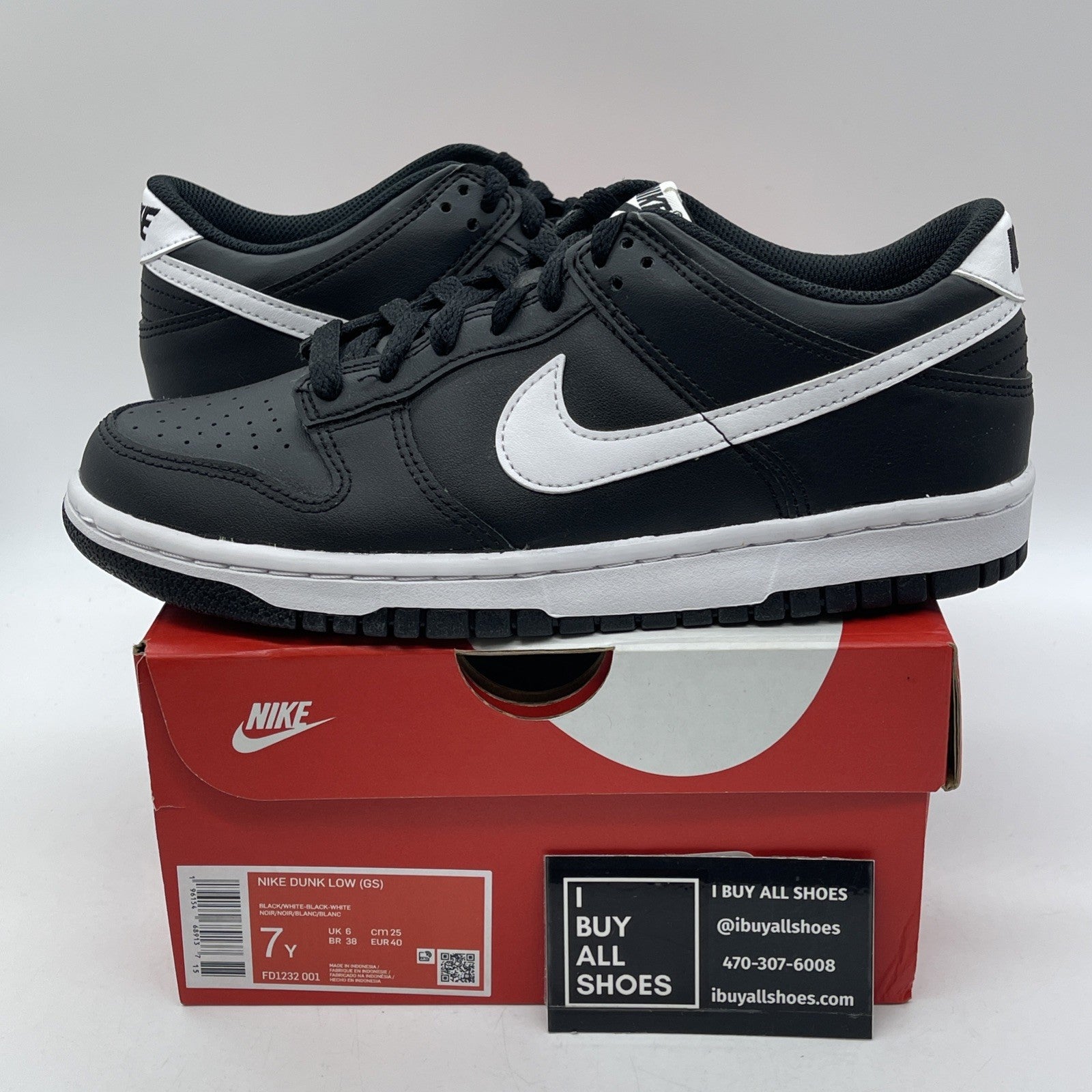 Size 7Y - Nike Dunk Low Black Panda 2.0 White Leather (FD1232-001)