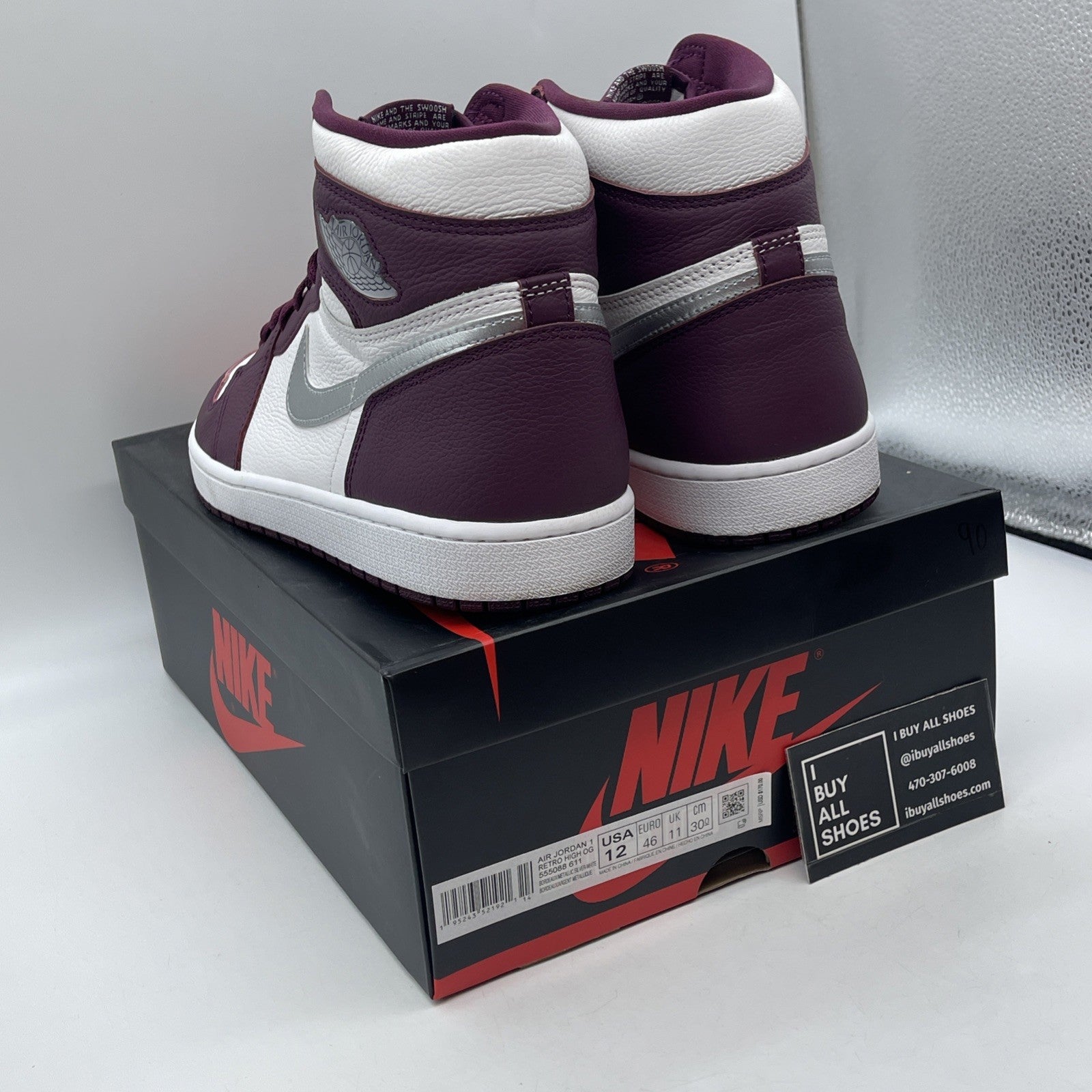 Size 12 - Jordan 1 Retro High OG Bordeaux Silver White Leather (555088-611)