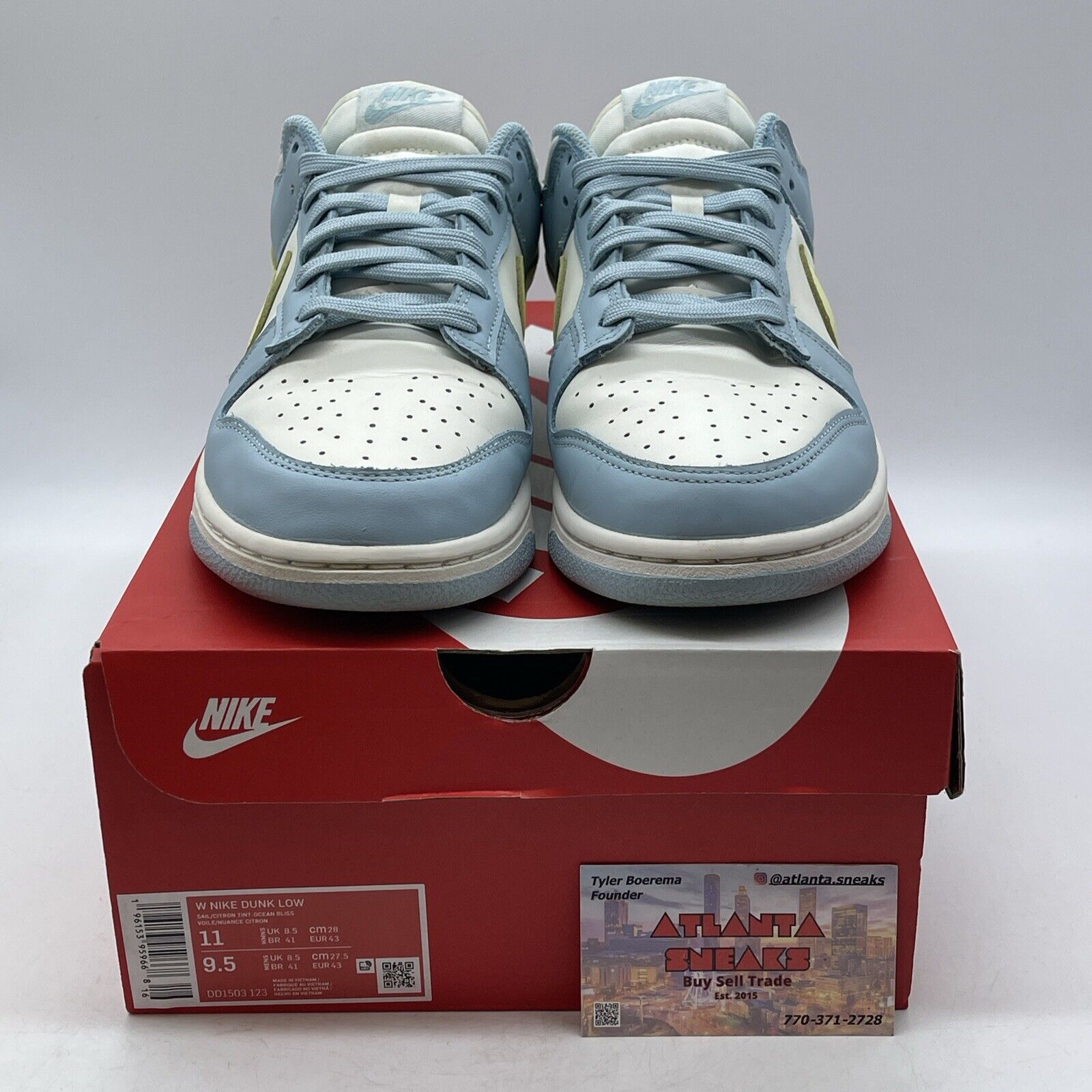 Size 11W - Nike Dunk Low Ocean Bliss White Blue Yellow Leather (DD1503-123)