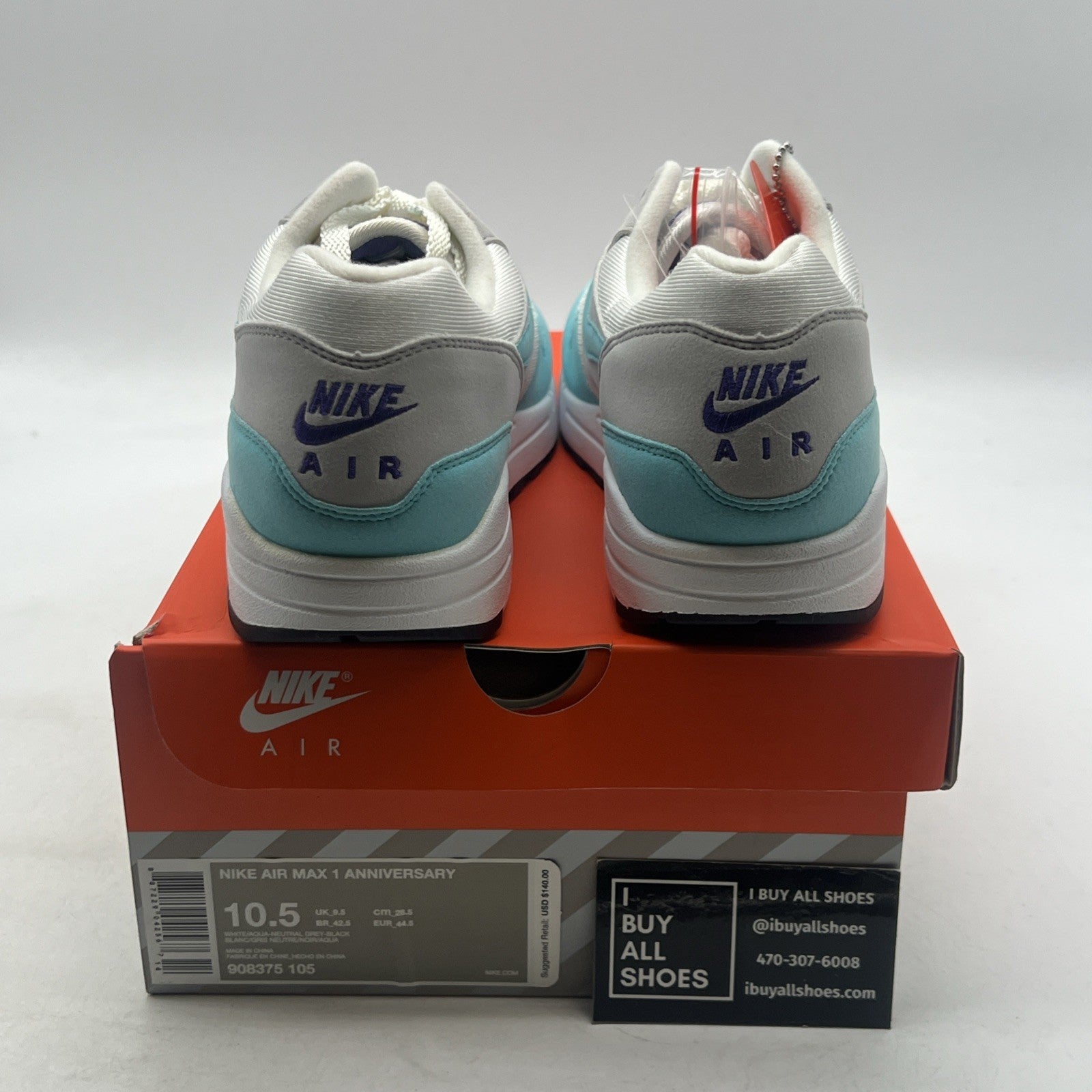 Size 10.5 - Nike Air Max 1 OG Anniversary Aqua (908375-105)