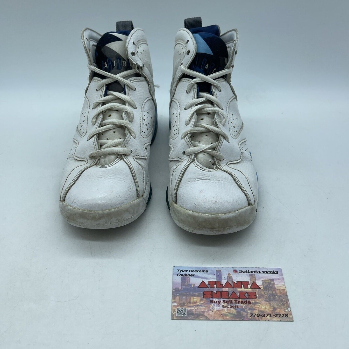 Size 4.5 (GS) - Jordan 7 Mid French Blue White Green Grey Leather (304774-107)