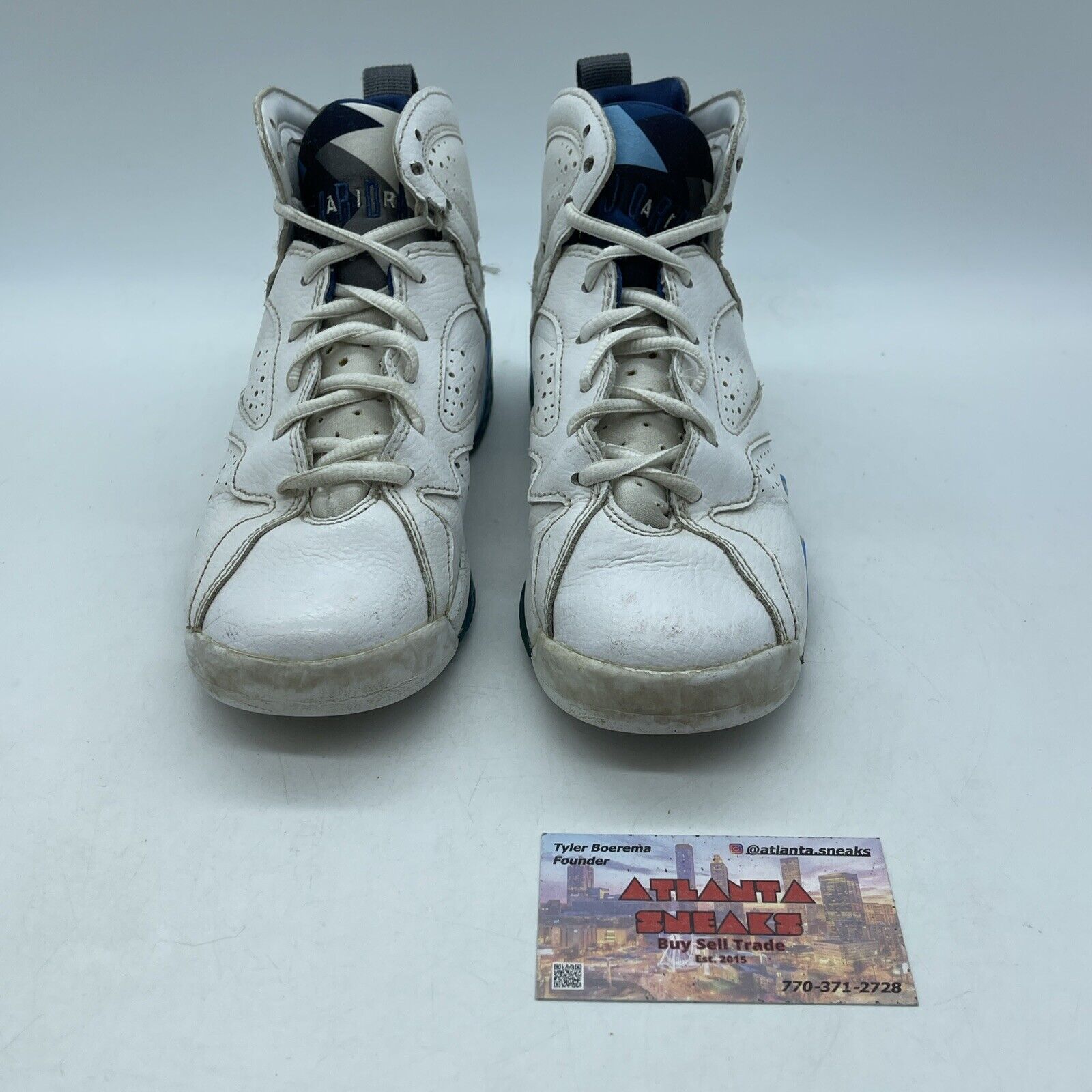 Size 4.5 (GS) - Jordan 7 Mid French Blue White Green Grey Leather (304774-107)