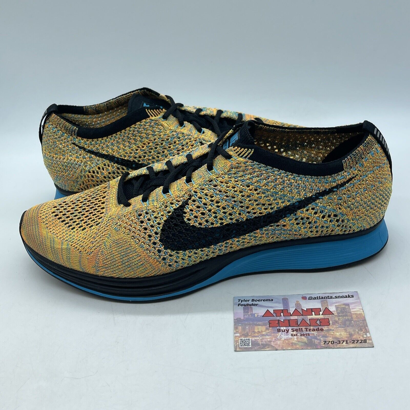 Size 11 - Nike Flyknit Racer Sherbet Yellow Blue Black (526628-800)