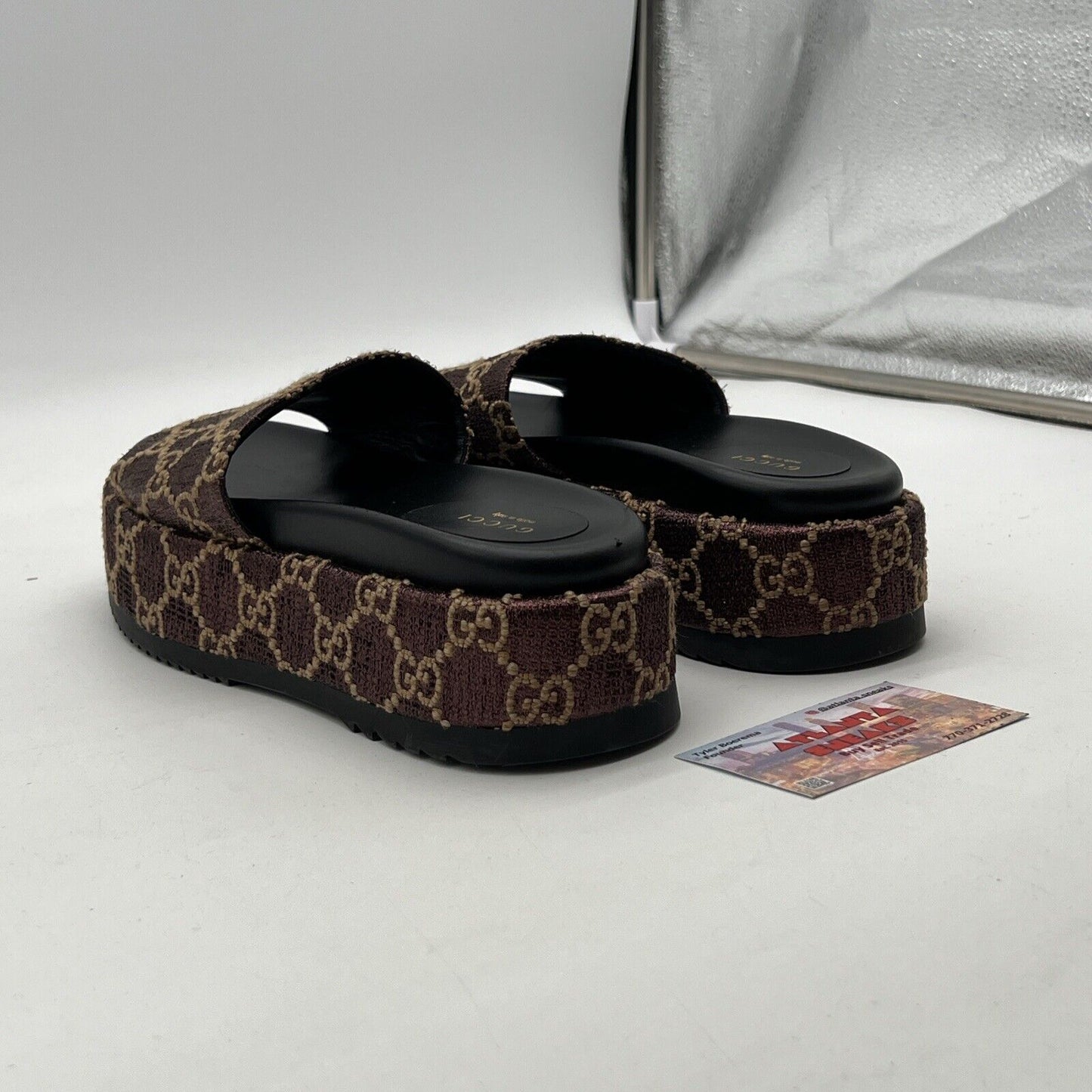 Size 9W - GUCCI Burgundy Lame Logo Angelina Platform Sandals