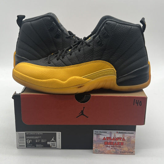 Size 9.5 - Jordan 12 Retro University Gold 2020 Black Leather (130690-070)