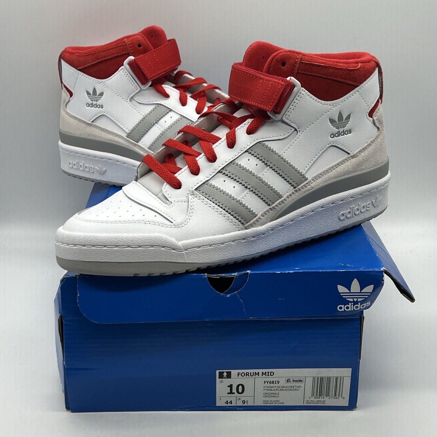 Size 10 - adidas Forum Mid White Scarlet Brand New Og All White Red Grey DS