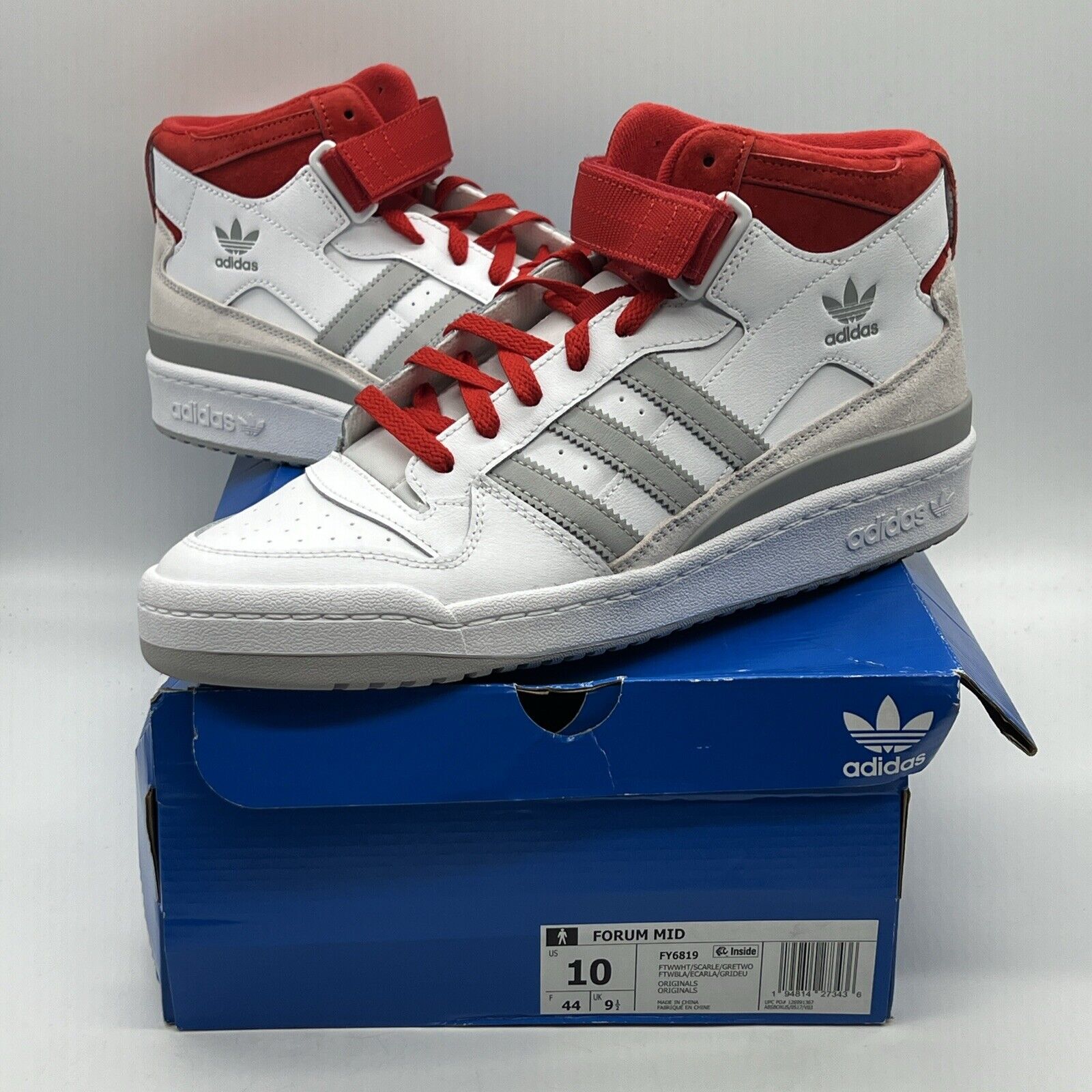 Size 10 - adidas Forum Mid White Scarlet Brand New Og All White Red Grey DS