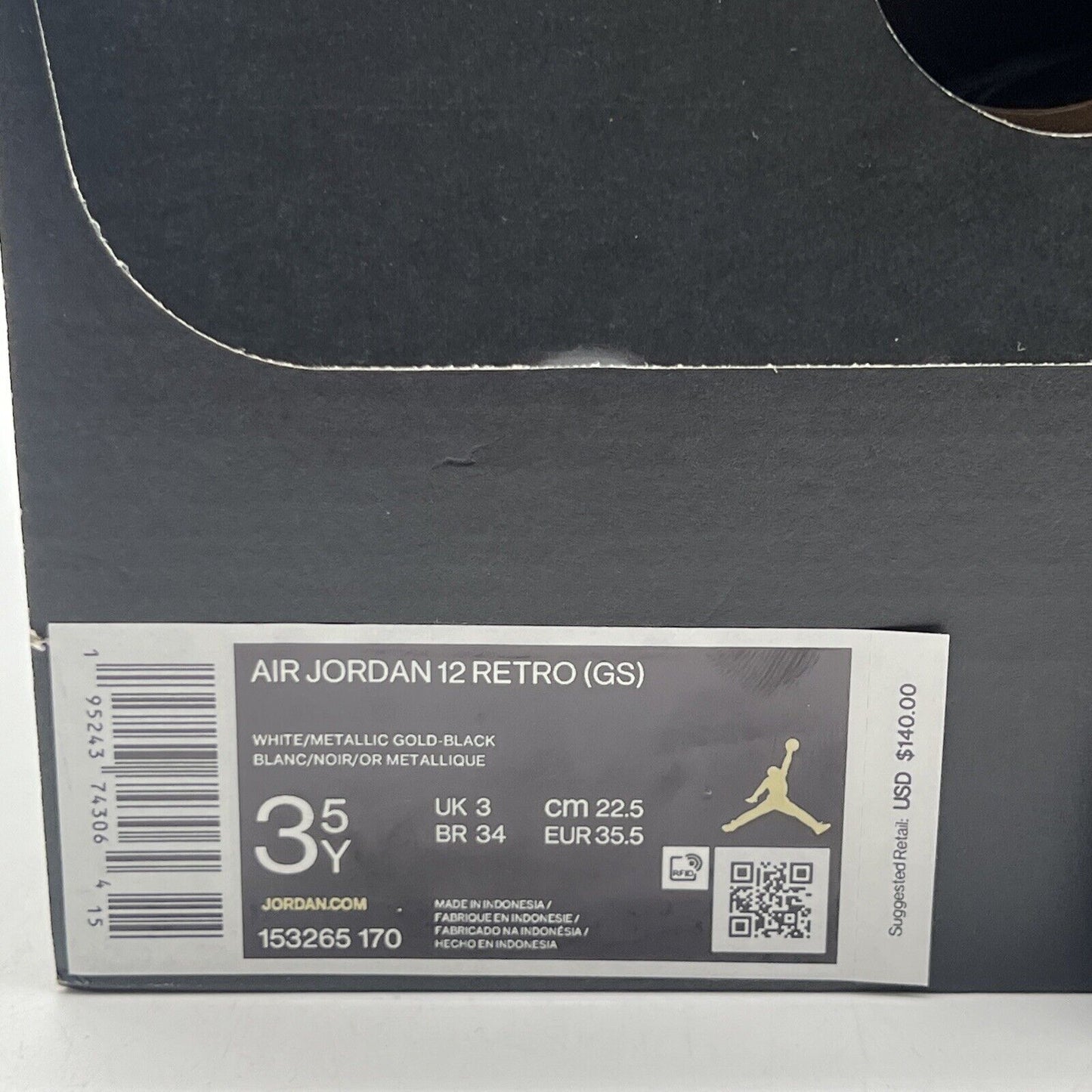 Size 3.5Y - Jordan 12 Royalty Black White Gold Leather (153265-170)