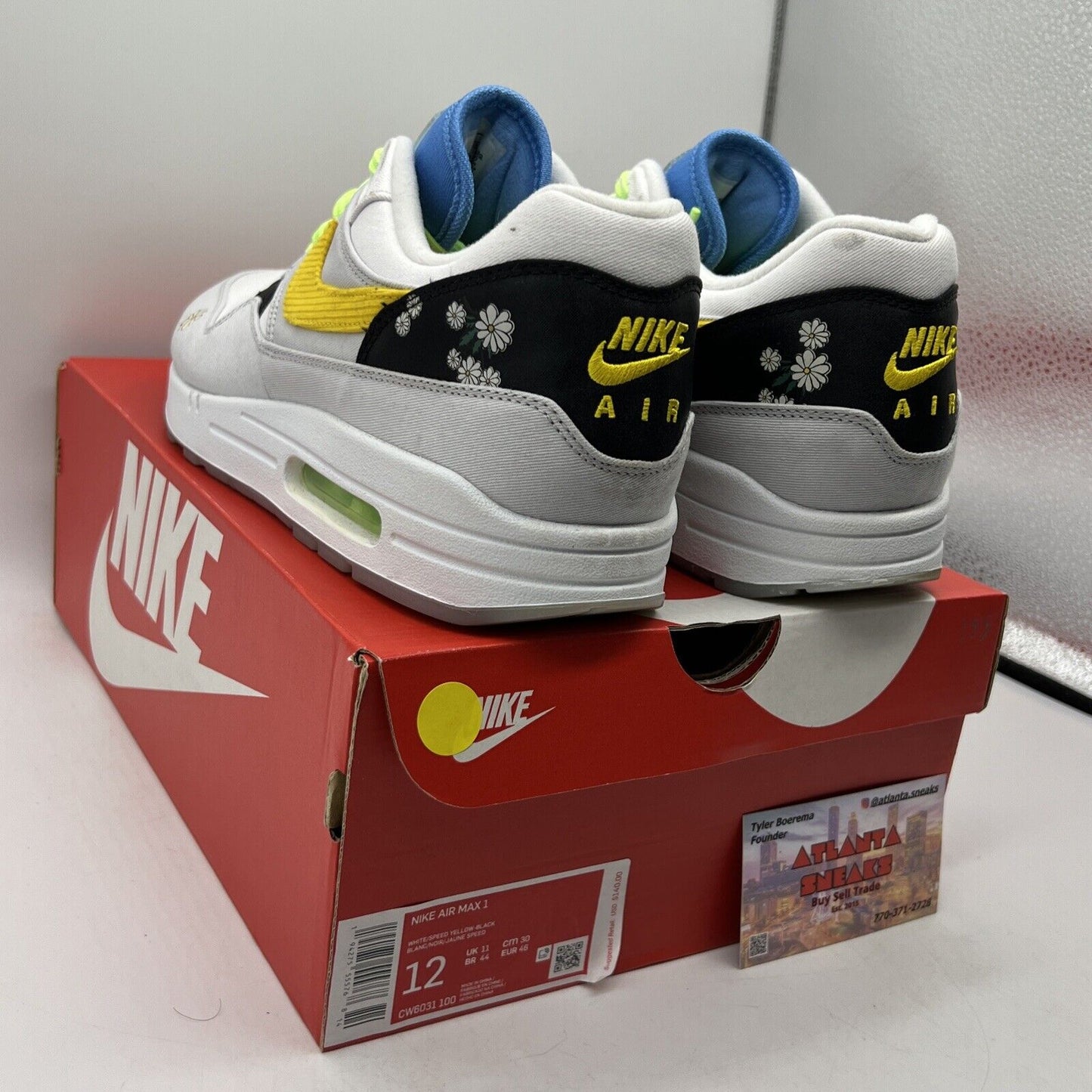 Size 12 - Nike Air Max 1 Daisy - CW6031-100 White Grey Blue Green (CW6031-100)