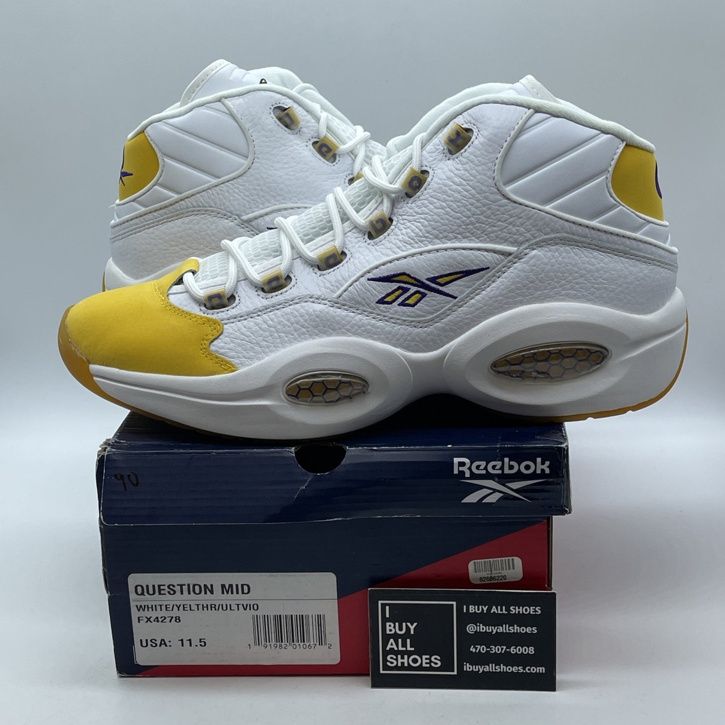 Size 11.5 - Reebok Question Mid Allen Iverson White Yellow Toe Lakers Kobe