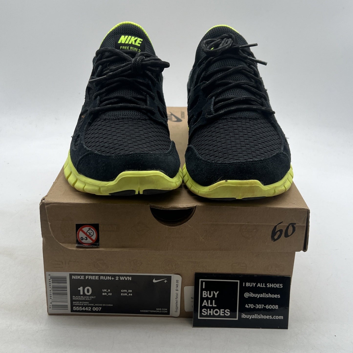 Size 10 - Nike Free Run+ Woven WVN Sneakers Black Volt (555442-007)