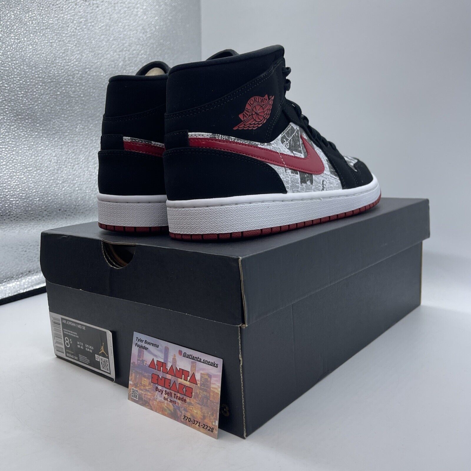 Size 8.5 - Air Jordan 1 SE Mid Newspaper Air Times Black Red Suede (852542-061)