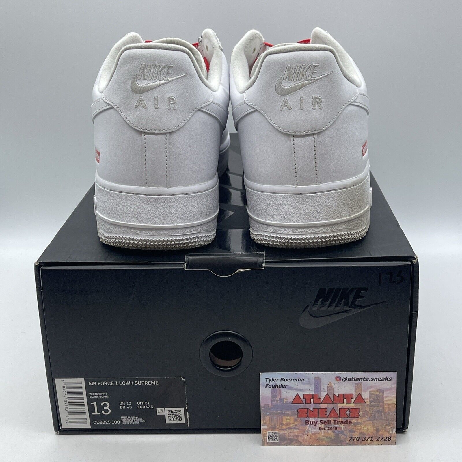 Size 13 - Nike Air Force 1 x Supreme Low Box Logo - White Leather (CU9225-100)