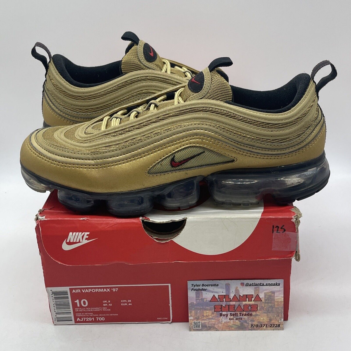 Size 10 - Nike Air Vapormax 97 Metallic Gold Suede Red Black (AJ7291-700)