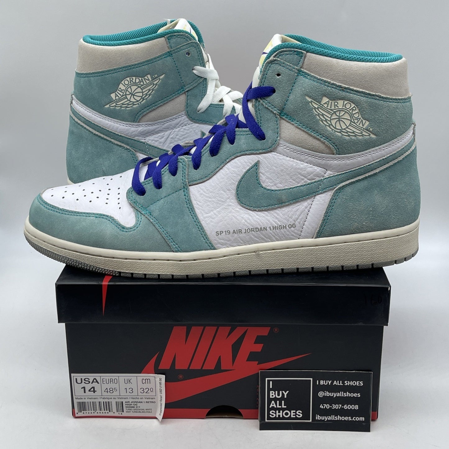 Size 14 - Jordan 1 Retro OG High Turbo Green White Suede Leather (555088-311)