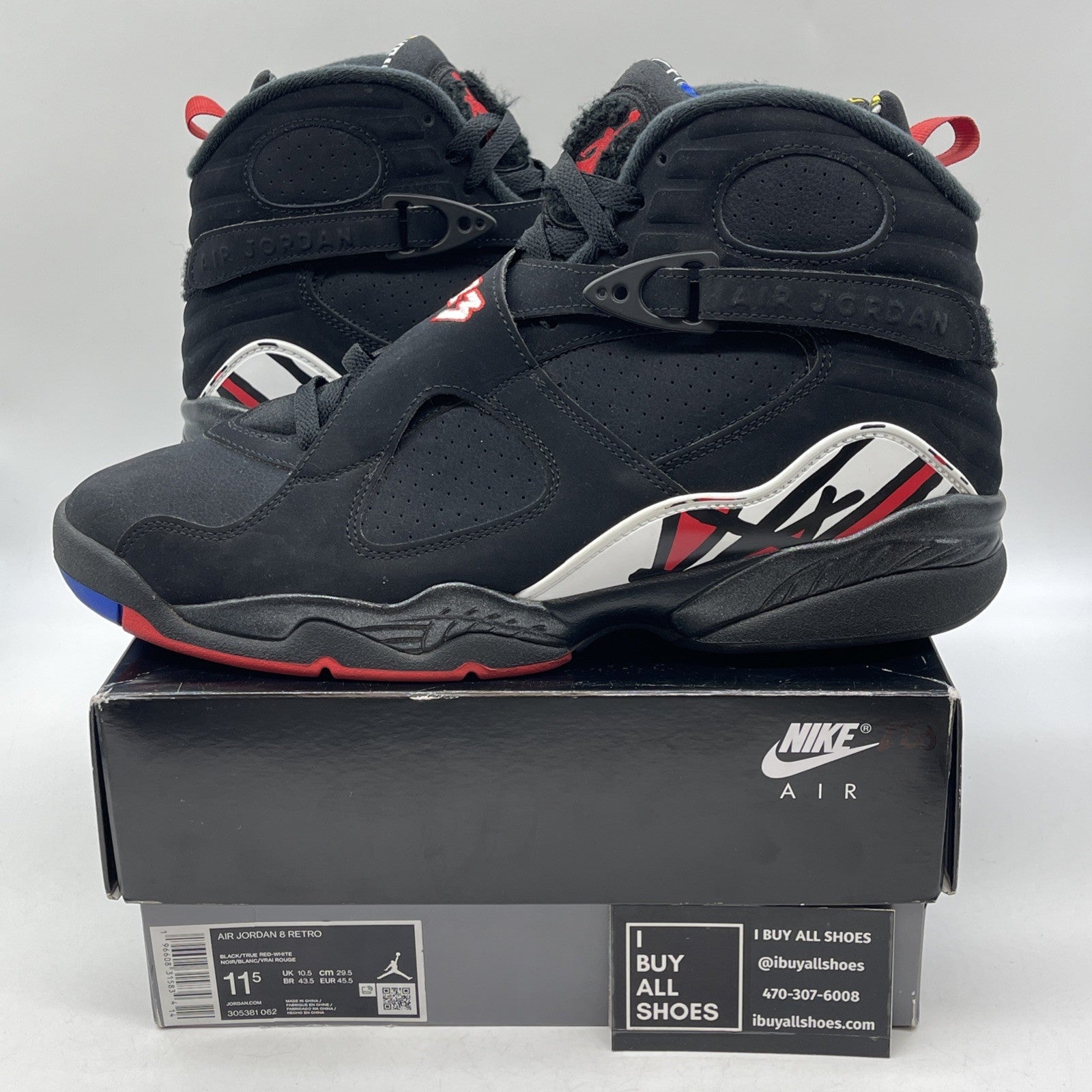 Size 11.5 - Jordan 8 Retro Mid Playoff Black White Red Suede (305381-062)