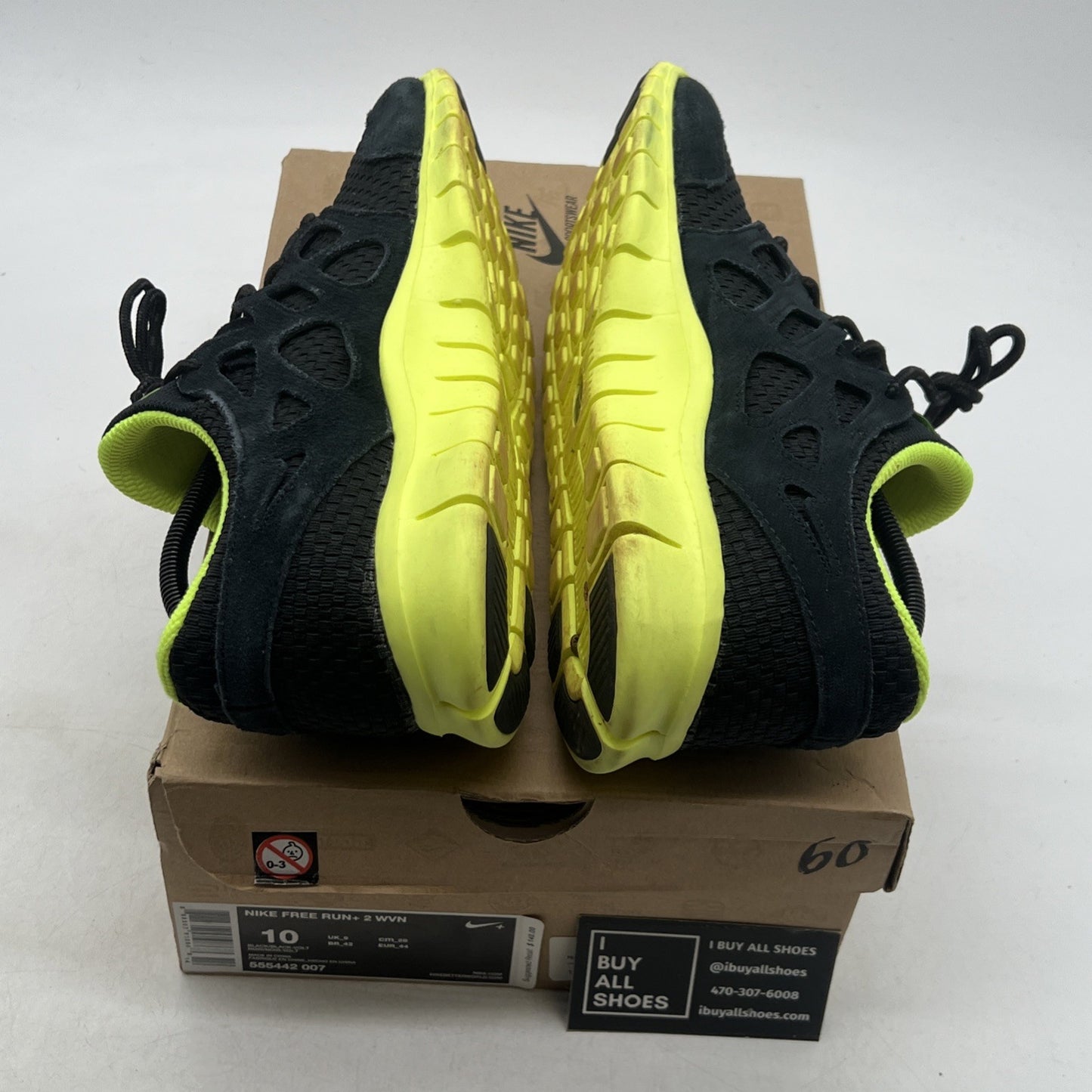 Size 10 - Nike Free Run+ Woven WVN Sneakers Black Volt (555442-007)