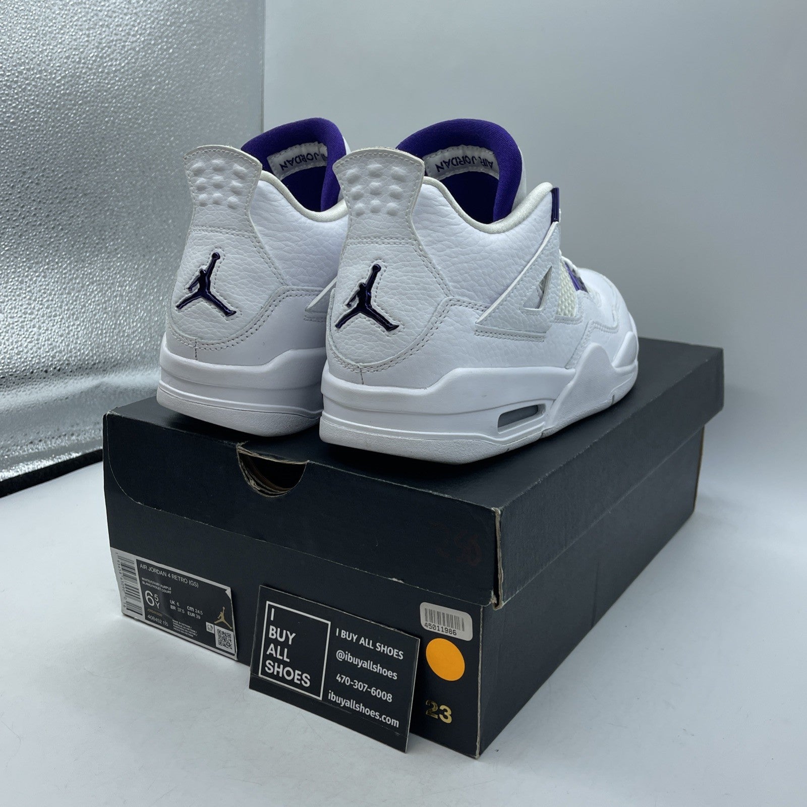 Size 6.5Y (GS) - Jordan 4 Retro Low Purple Metallic White Leather (408452-115)
