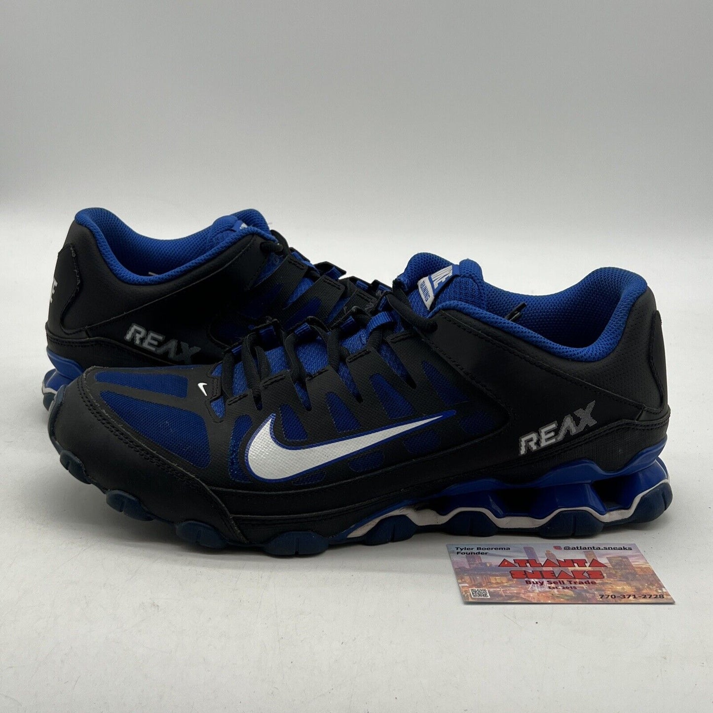 Size 11.5 Nike Reax 8 TR Mesh Black/Blue Gym Cross Training Shoes (621716-038)
