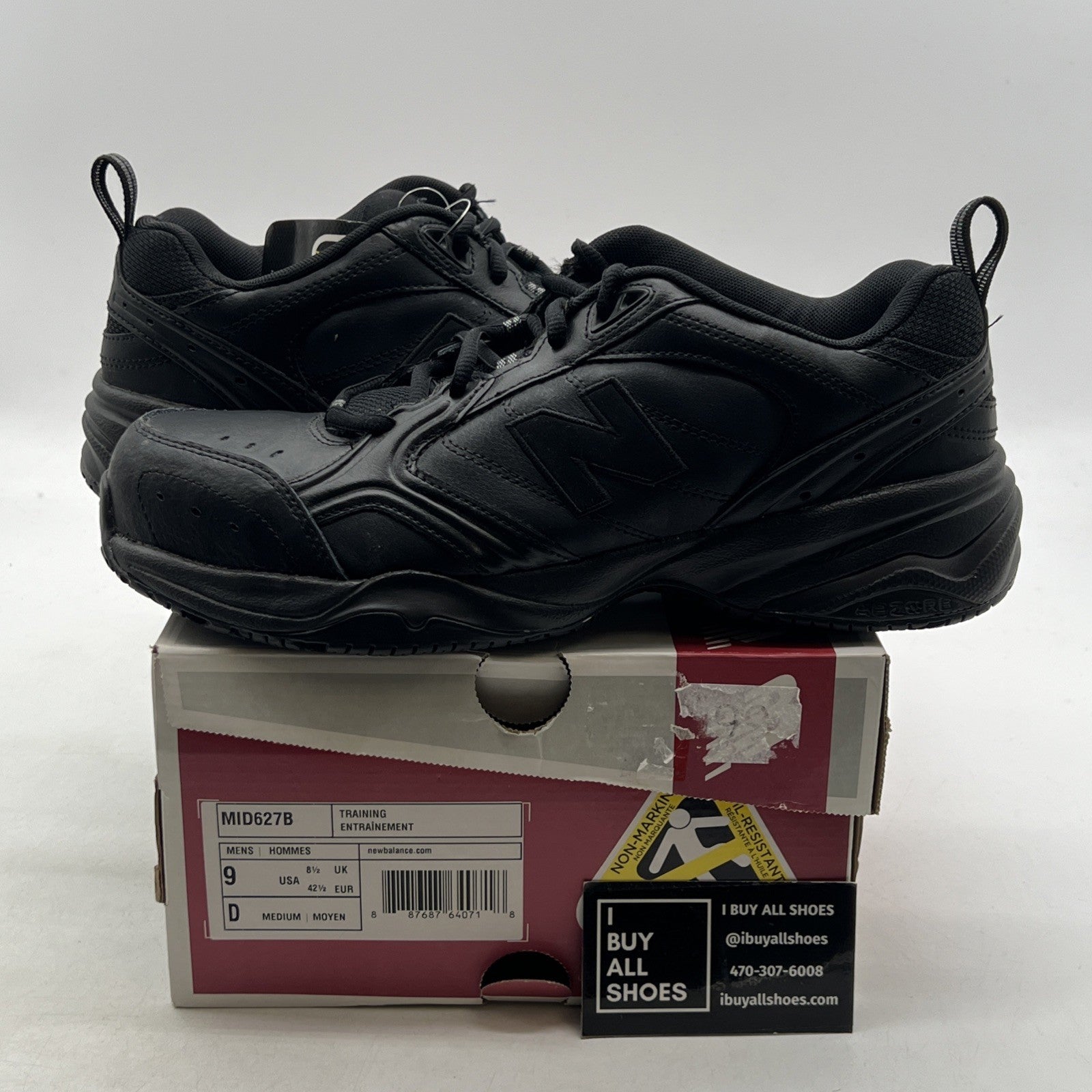Size 9 - New Balance Steel Toe 627 Leather Triple Black (MID627B)
