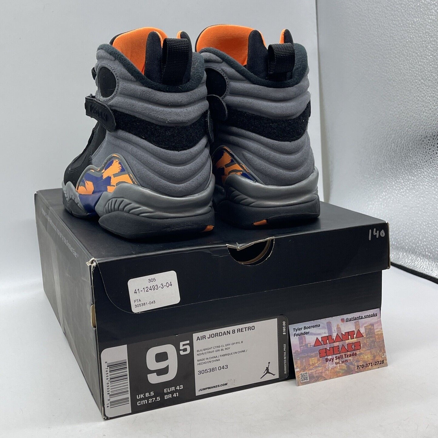 Size 9.5 - Air Jordan 8 Retro Phoenix Suns Black Orange Blue Suede (305381-043)