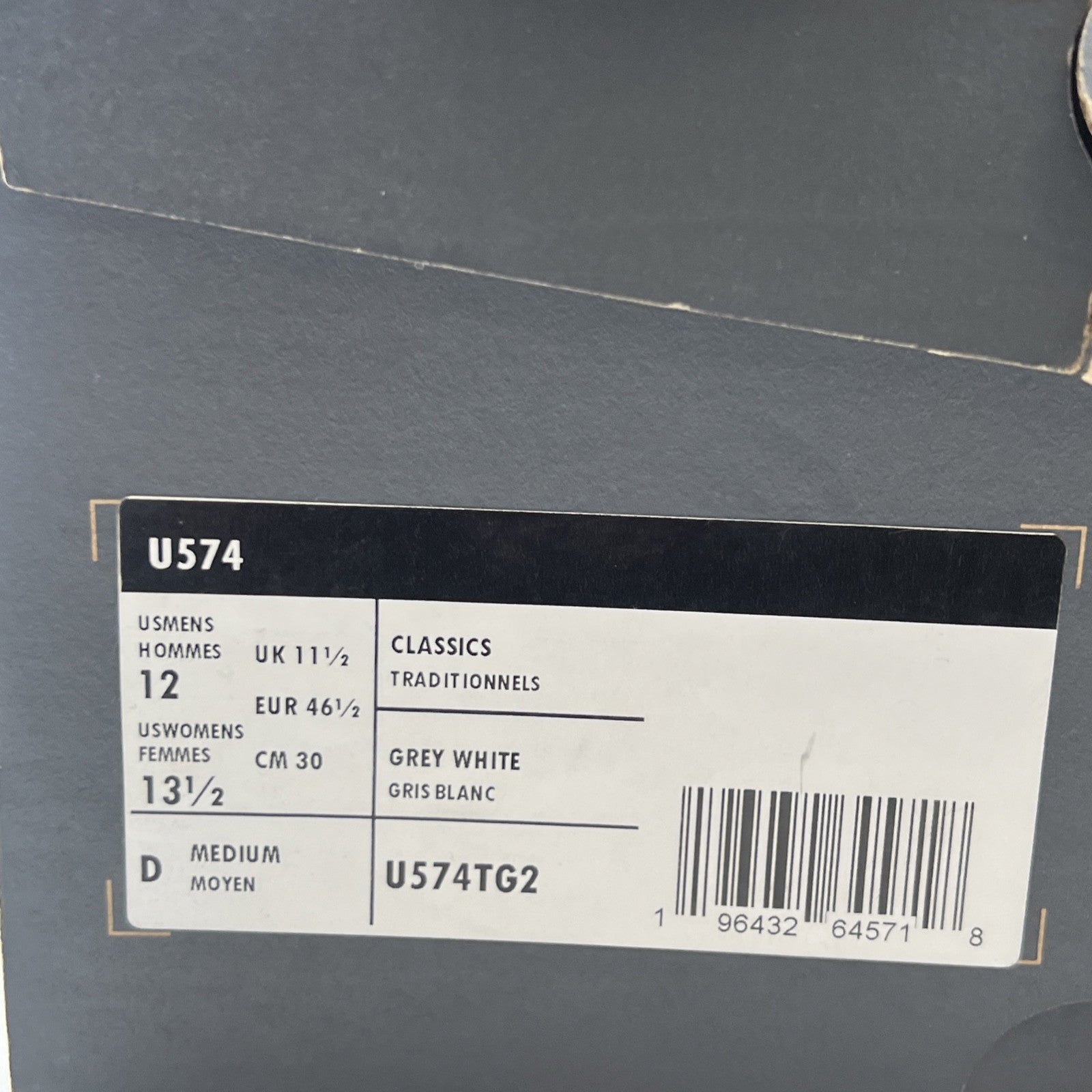 Size 12 - New Balance 574 Grey White (U574TG2)