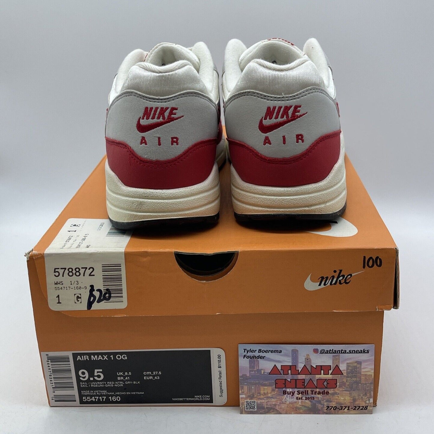 Size 9.5 - Nike Air Max 1 OG Vintage Red Grey White Suede (554717-160)