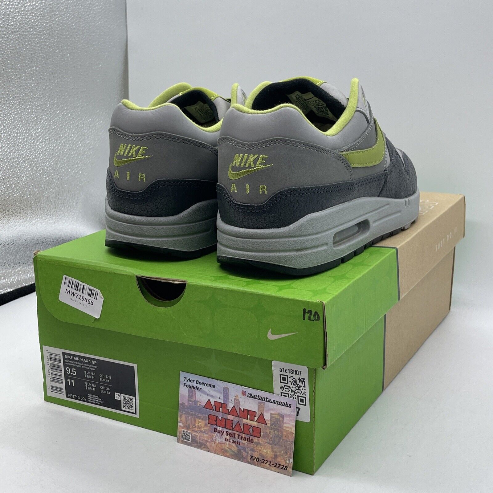 Size 9.5 - Nike HUF x Air Max 1 SP 2024 Green Grey Black Suede (HF3713-002)