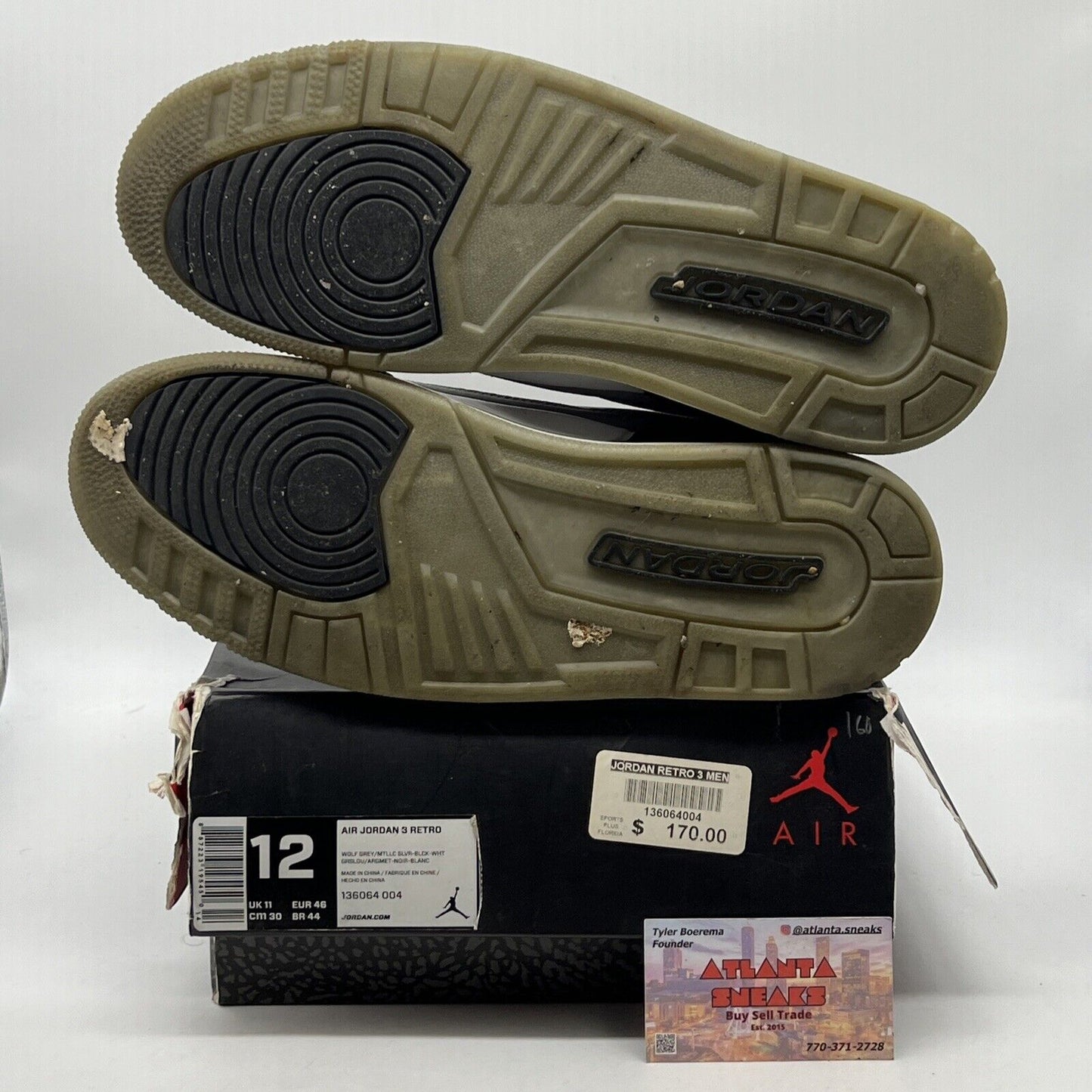 Size 12 - Air Jordan 3 Retro Wolf Grey Black Leather White (136064-004)