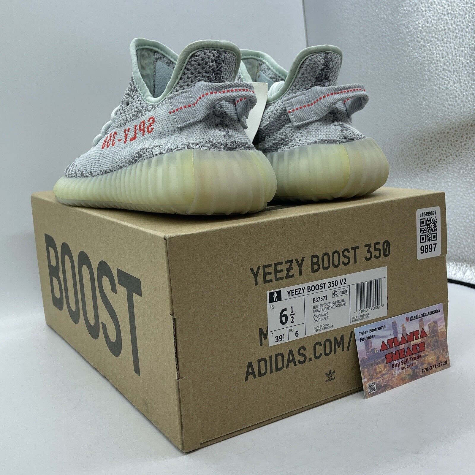 Size 6.5 - adidas Yeezy Boost 350 V2 Low Blue Tint Grey White Red (B37571)