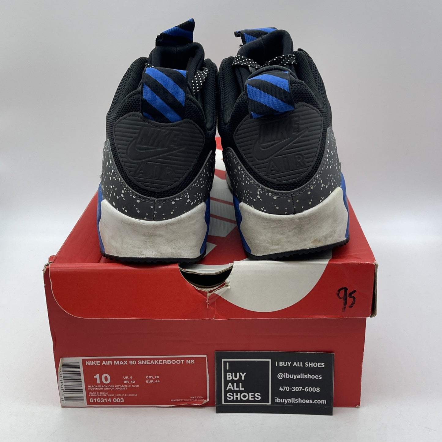 Size 10 - Nike Air Max 90 Sneakerboot NS Black Royal Metallic Silver -616314-003