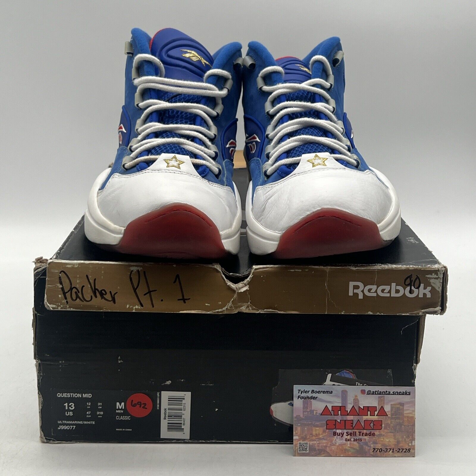 Size 13 - Reebok Question Mid Packer Shoes Blue White Red Leather (J99077)