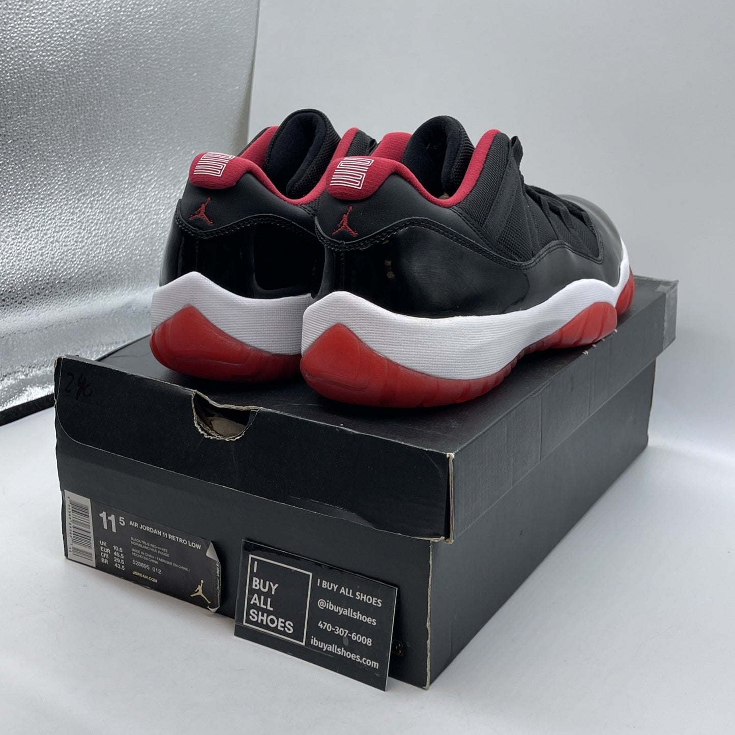 Size 11.5 - Air Jordan 11 Retro 2015 Low Bred Black Leather (528895-012)