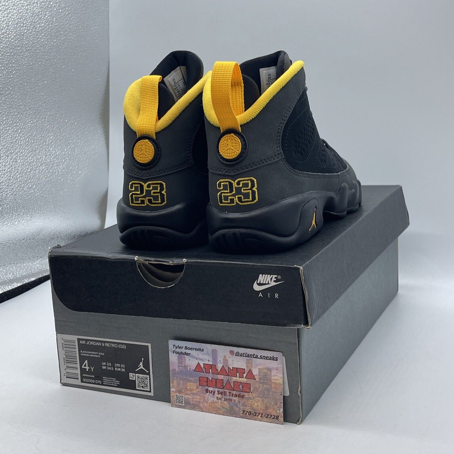Size 4Y(GS) - Jordan 9 Retro Mid Dark Charcoal University Gold (302359-070)