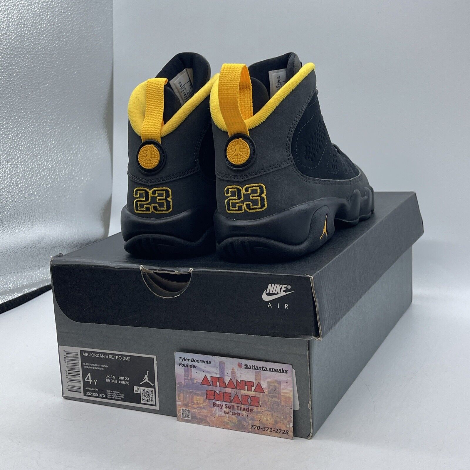 Size 4Y(GS) - Jordan 9 Retro Mid Dark Charcoal University Gold (302359-070)
