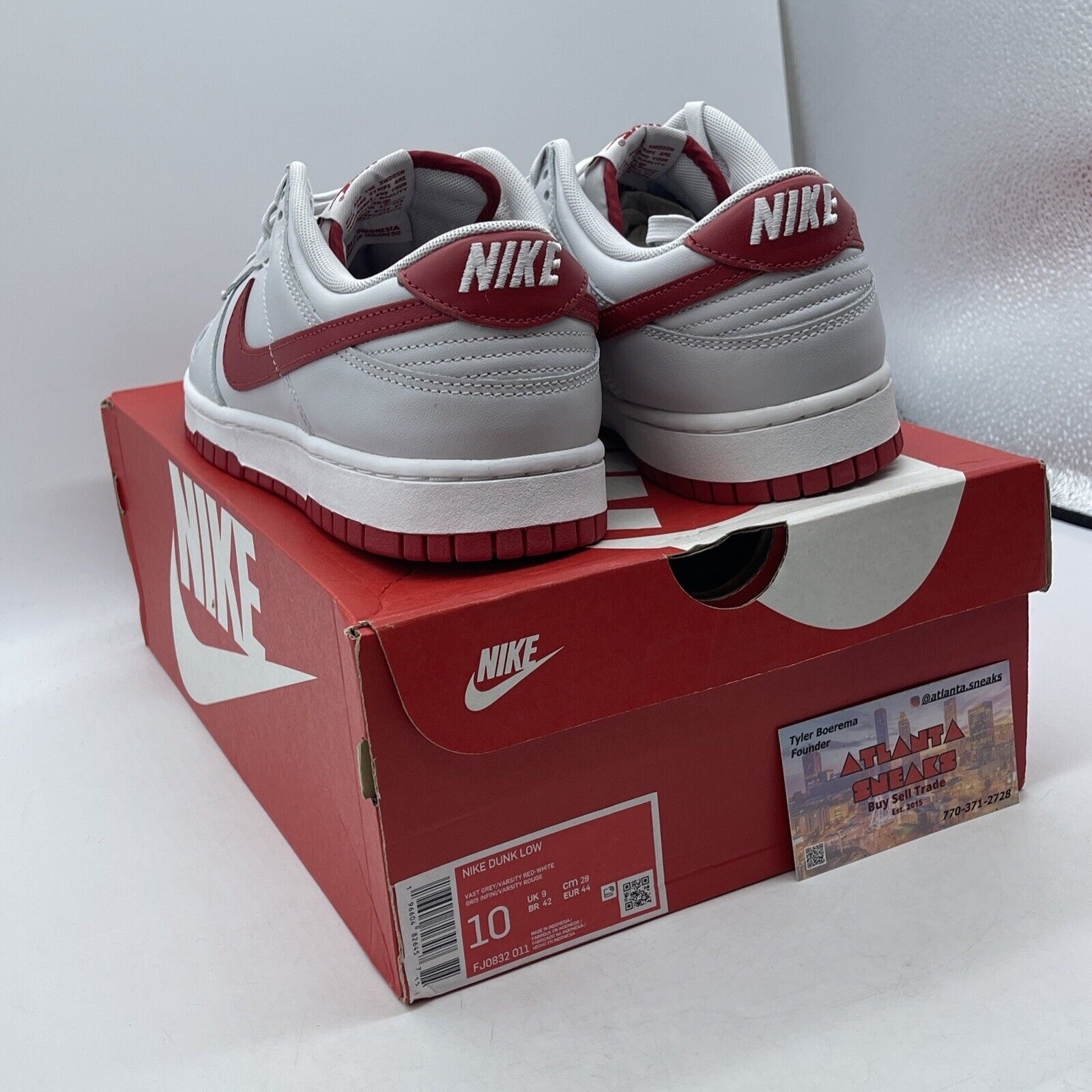 Size 10 - Dunk Low Vast Grey Varsity Red White Leather (FJ0832-011)