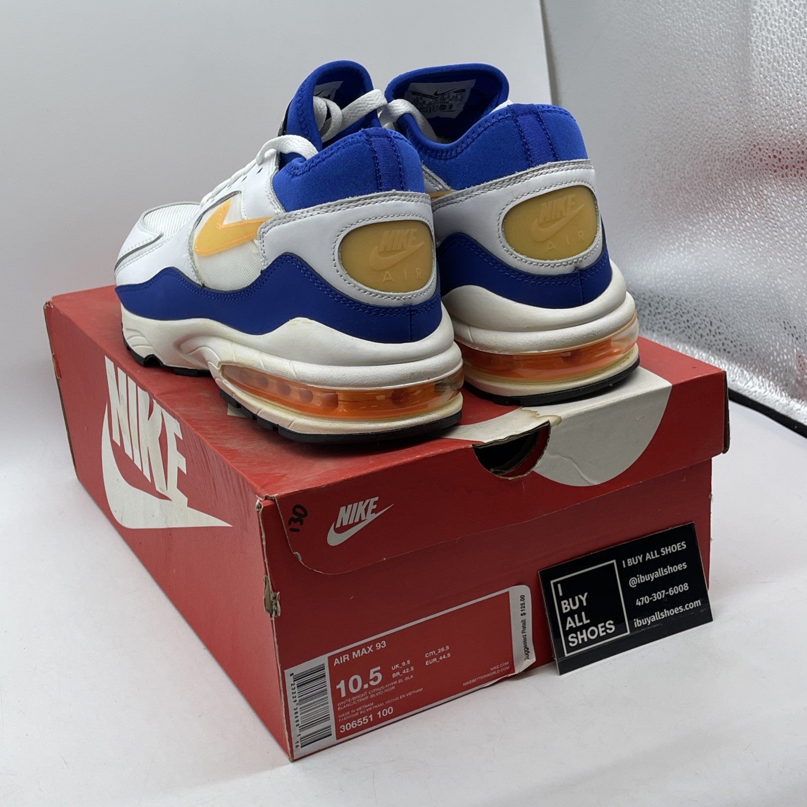 Size 10.5 - Nike Air Max 93 Bright Citrus White Blue Leather (306551-100)